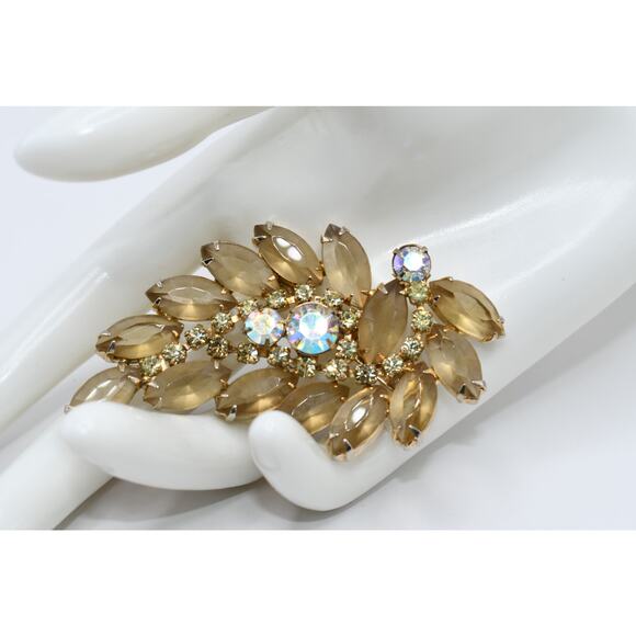 Vintage Light Topaz Rhinestone Floral Brooch AB Open Back 1950s 1960s